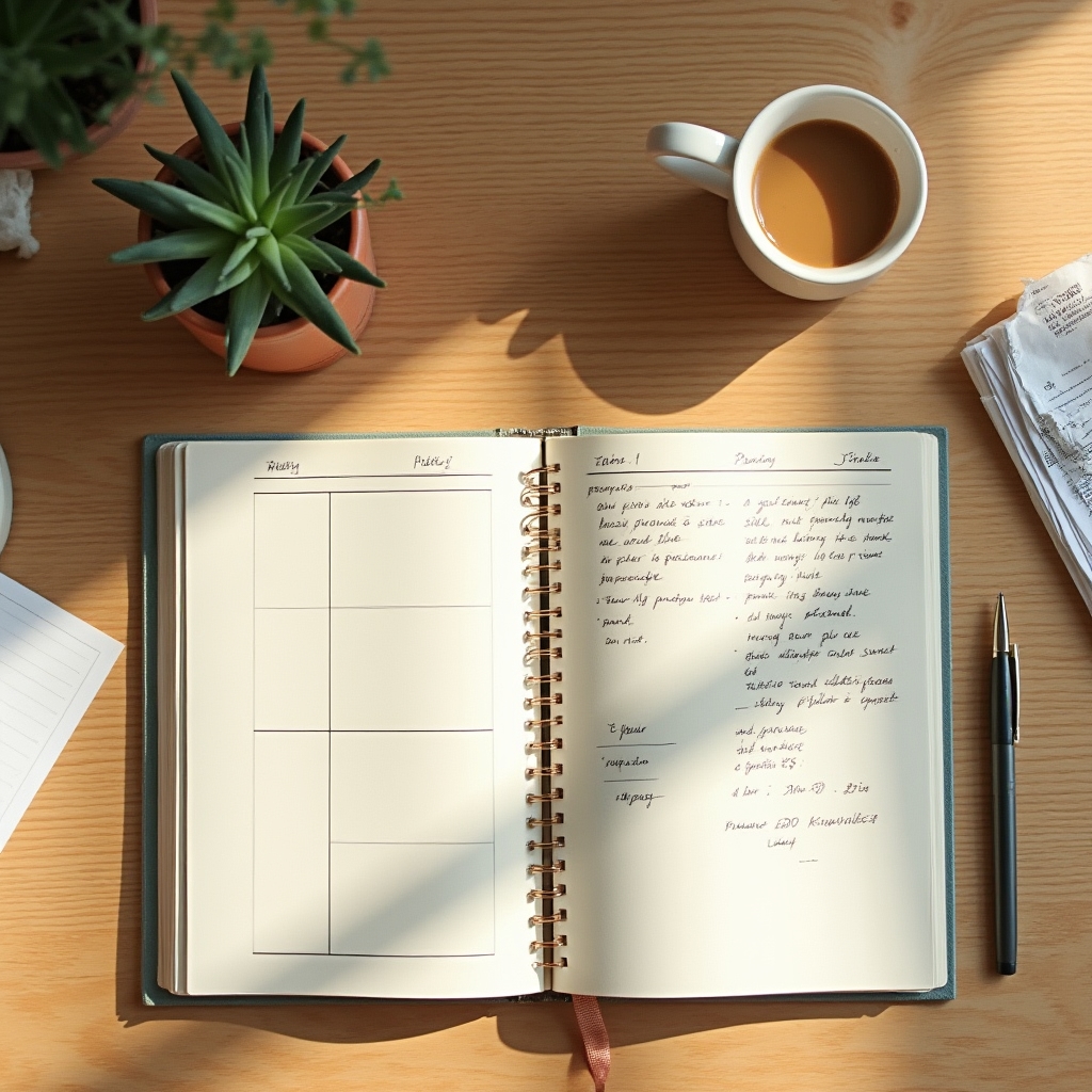 Organized workspace with planner and warm morning light