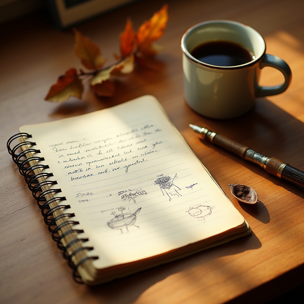 Open notebook with handwritten notes beside a warm cup of coffee
