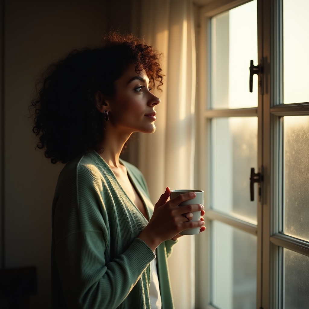 Person gazing thoughtfully through a window with soft natural light