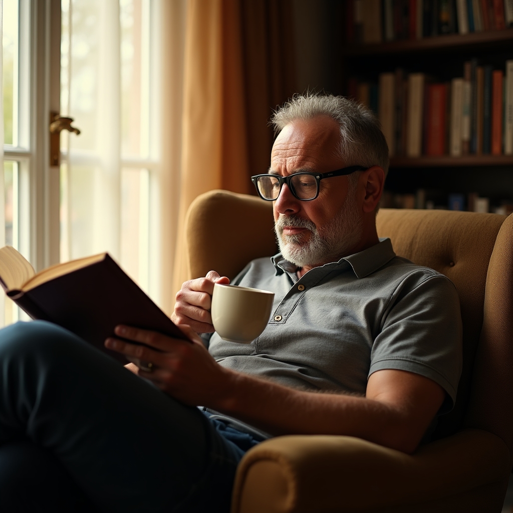 Person reading a financial education book in a quiet, warm interior